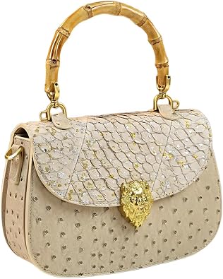 Ostrich Leather Purse Women Bag Real Bamboo Top-Handle Satchel Handbags Portable Saddle Bag Small Shoulder Messenger Bag