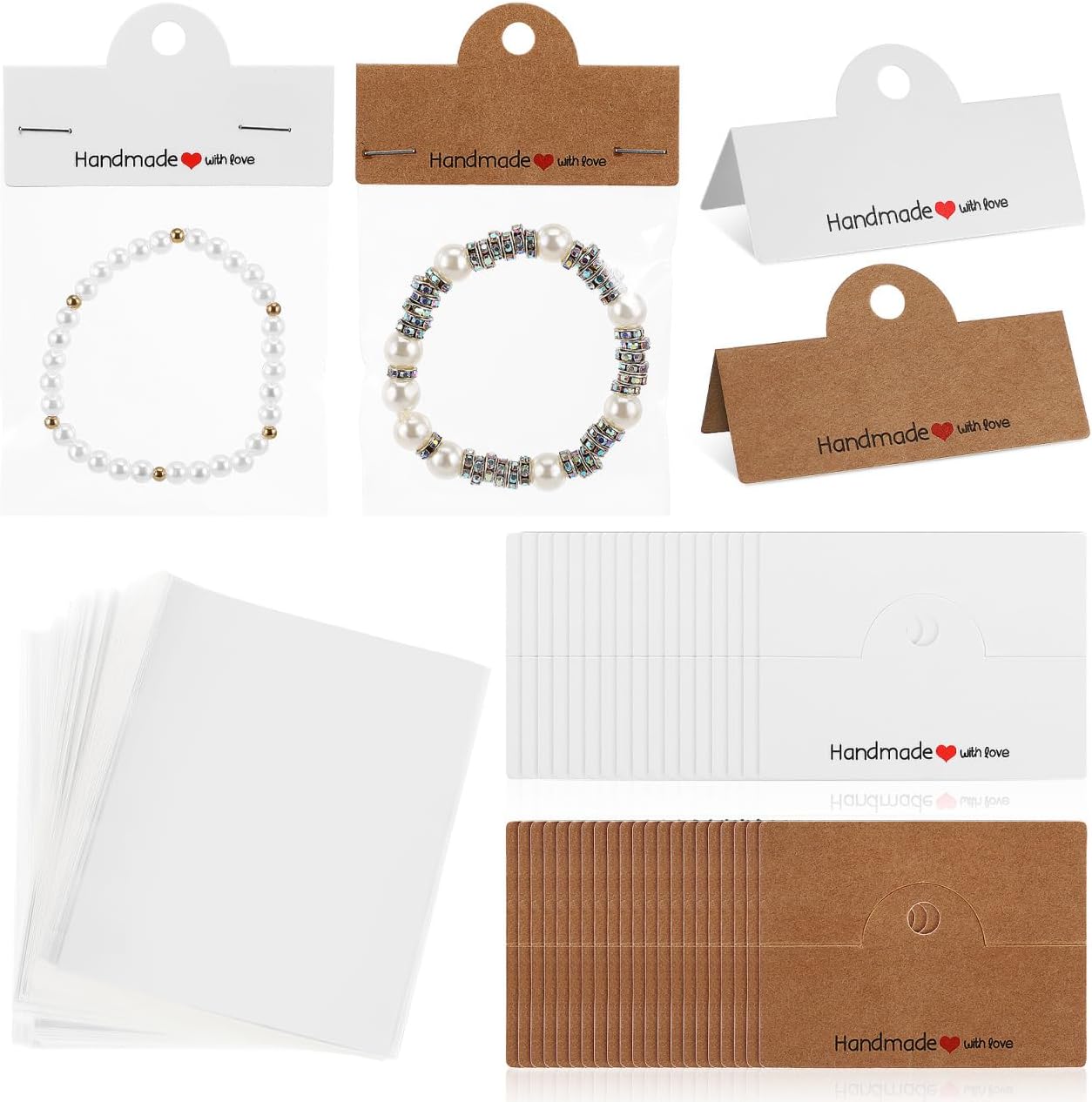 Handmade Kraft Card Jewelry Packaging Bags 200 Pieces 4X3.14 Inch Clear Display Pouches for Small Business Earring Holder Bracelet Necklace Packaging Supplies