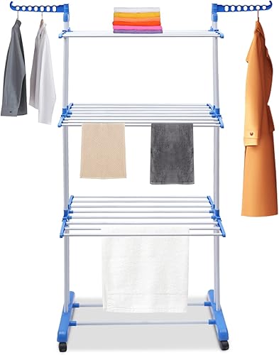 Miniatura 2 de Estante de secado de ropa plegable de 4 niveles, color gris, soporte para secadora con ruedas, línea de lavado al aire libre, estante de