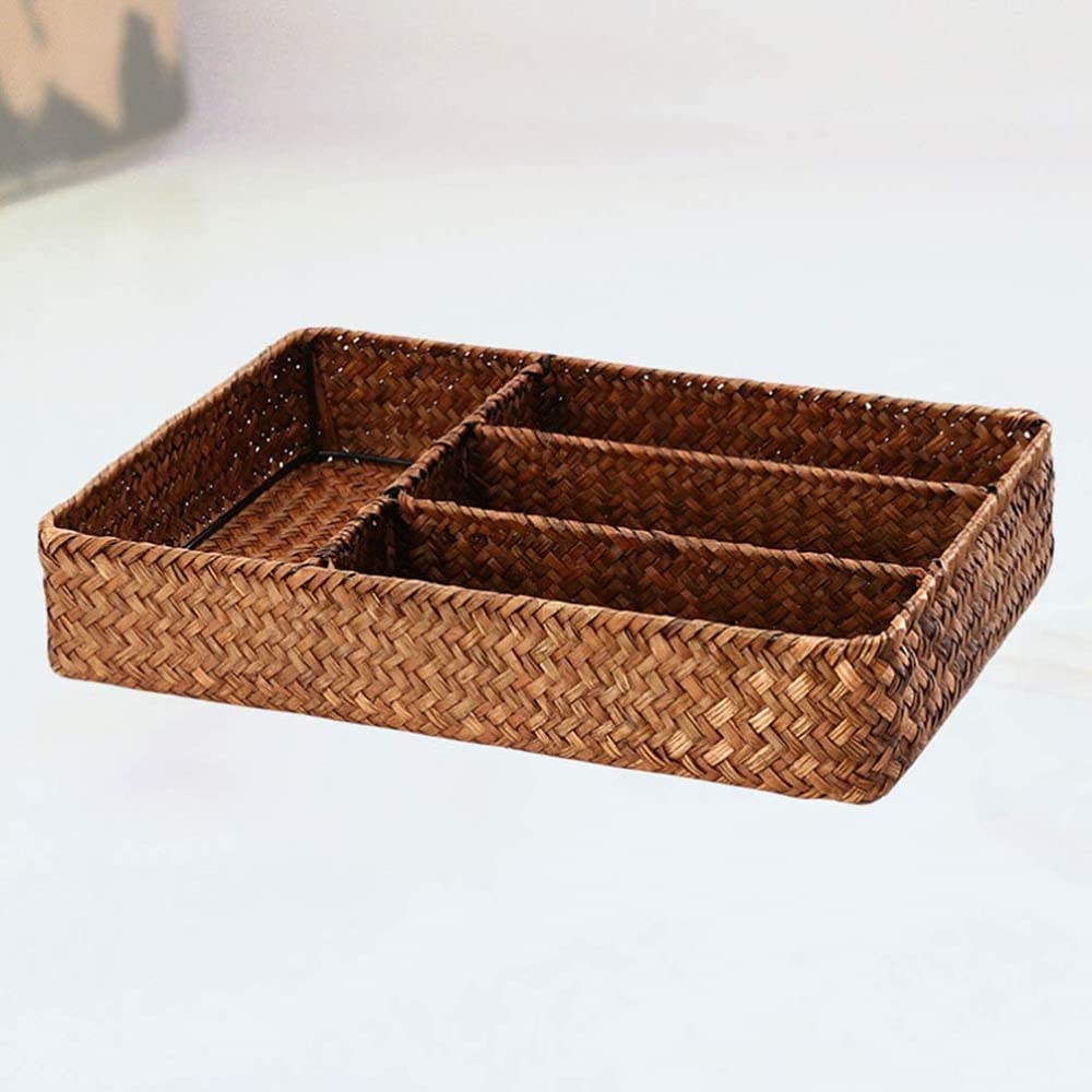 Organizador De Cajones para Utensilios De Cocina con Divisores Cesta De Mimbre para Cubiertos Cesta De Mimbre para Servir Cubiertos Bandeja Organizadora De Cubiertos
