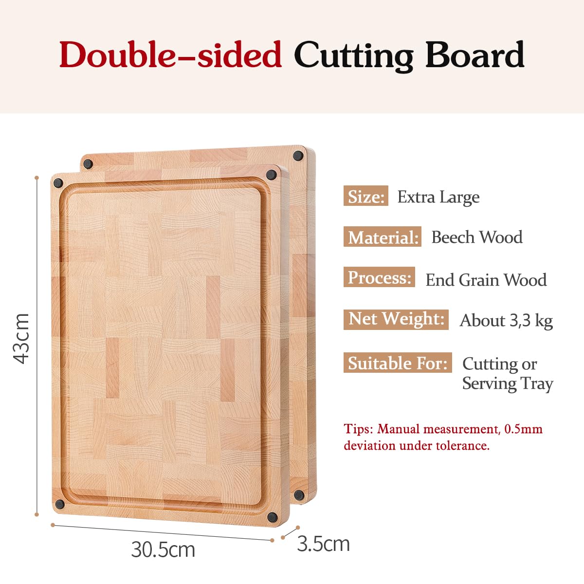 HEZHEN Cutting Board, End Wood Grain Chopper Board, Built-in Juice Grooves& Handle, Beechwood Serving Board Serving Tray - Image 2