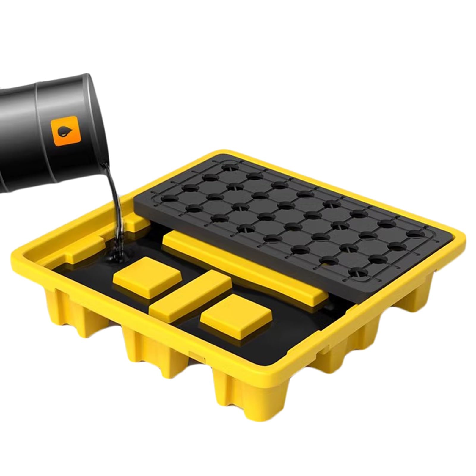 QUSYZD Low Profile Drum Accumulation Tray, Modular Spill Containment Platform with Drain & Grating, Heavy-Duty Polyethylene, 26.8x26.8x3.9in,Black+yellow-25.6x25.6x6.7in