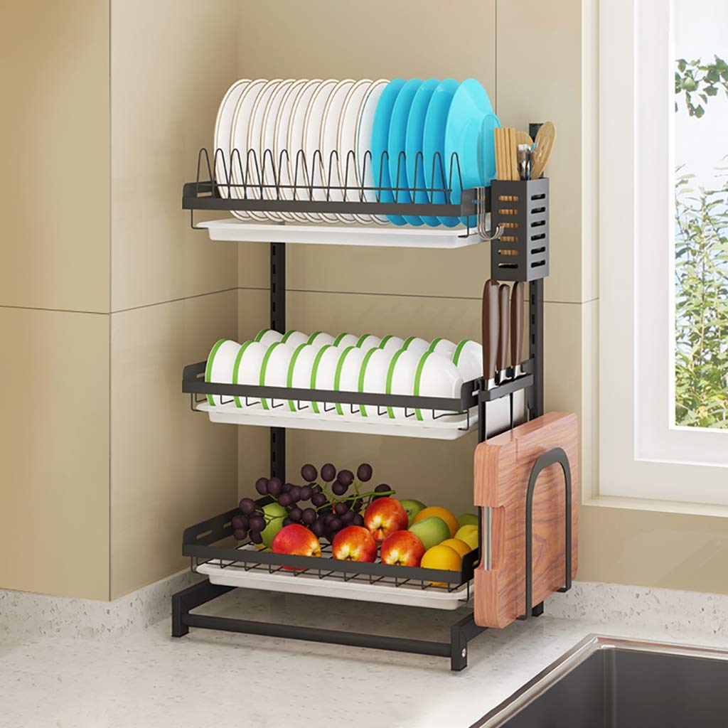 Escurreplatos De 3 Niveles De Acero Inoxidable - Montaje En Pared, Bandeja Extraíble, Ahorra Espacio, Color Negro