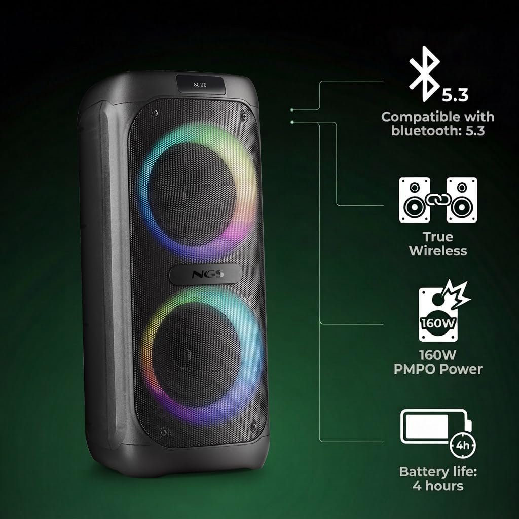 NGS Wild Banger 2 – Altavoz Compatible con Tecnología Bluetooth | 160W potencia pico, True Wireless, luces RGB, función karaoke con entrada micro, batería 4h, lector USB/TF 128GB y Radio FM.