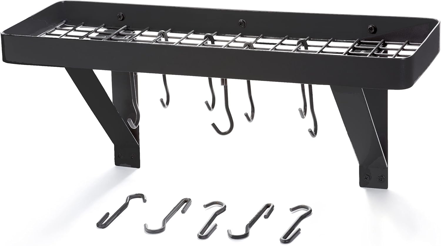 Old Dutch International Wall Mount Bookshelf Pot Rack with Grid & 8 Hooks, Matte Black, 24.5" x 9"