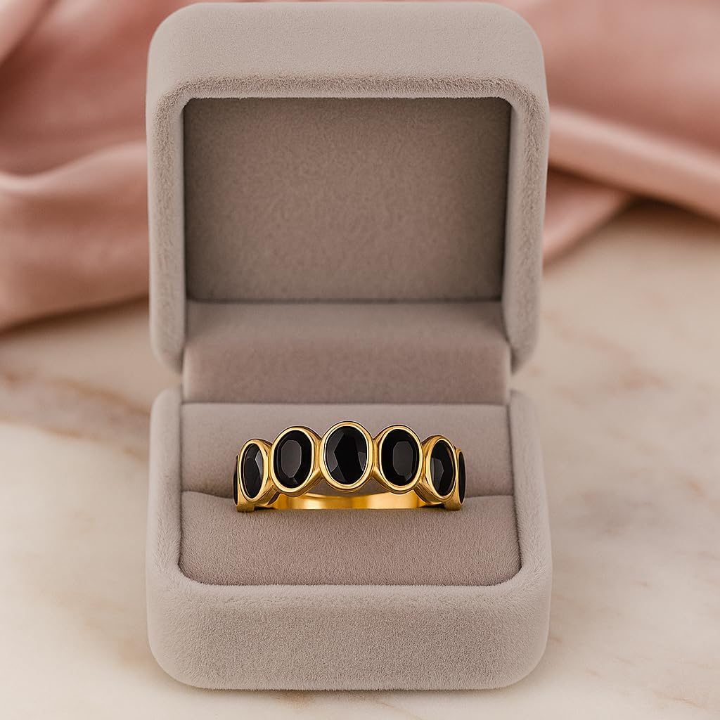 Bezel Set Oval Onyx Half Eternity Band for Women – 10K Solid Gold Natural Black Onyx Art Deco Stacking Wedding Bridal Ring, Dainty Fine Jewelry Anniversary New Year Gift