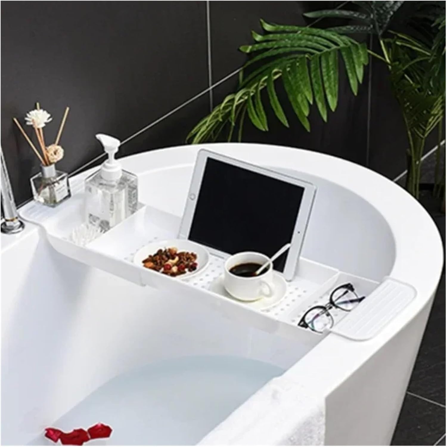 Extendable Bamboo Bathtub Tray - Adjustable Shower Caddy & Shelf nizer for Bathroom Towel & Book Holder - Stylish Bath Tub Rack Accessories (White)