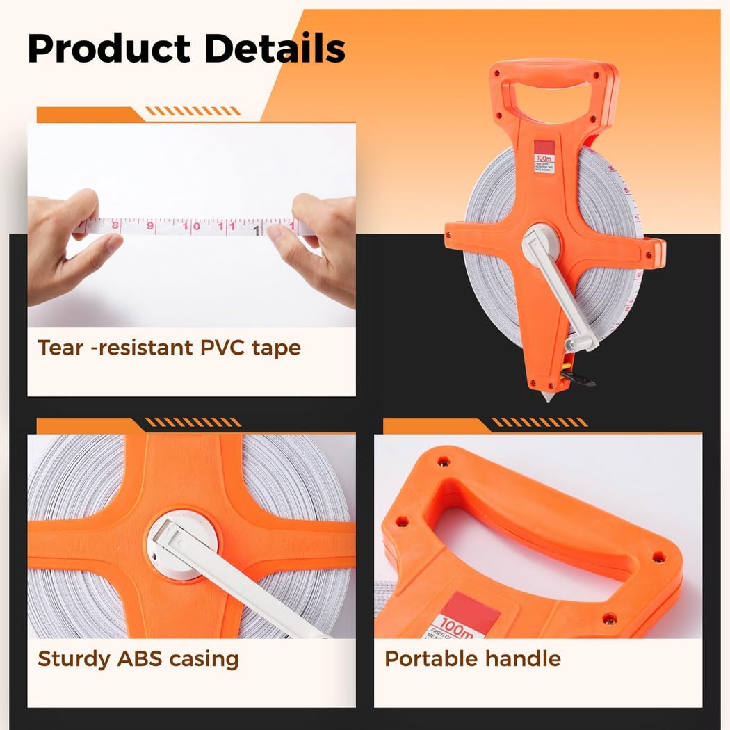 100M/330Ft Open Reel Tape Measure, Dual Sided Industrial Tape with Metric & Imperial Units for Yard, Field, Carpentry, Construction