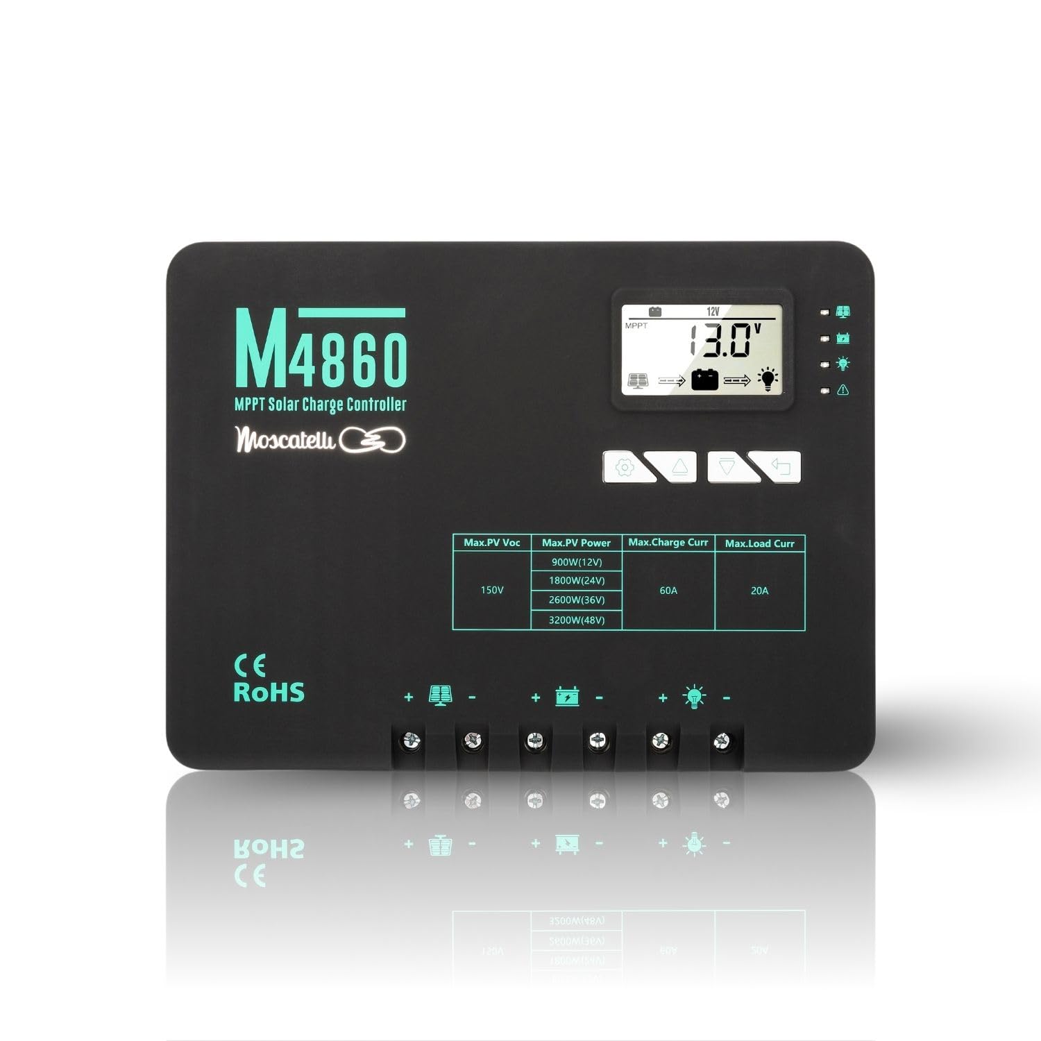 MOSCATELLI 60A Regolatore di Carica Pannello Solare MPPT – Compatibile con Batterie 12/24/36/48V Piombo, AGM, Gel e Litio – Ideale per Impianti Off Grid e Reti Isolate