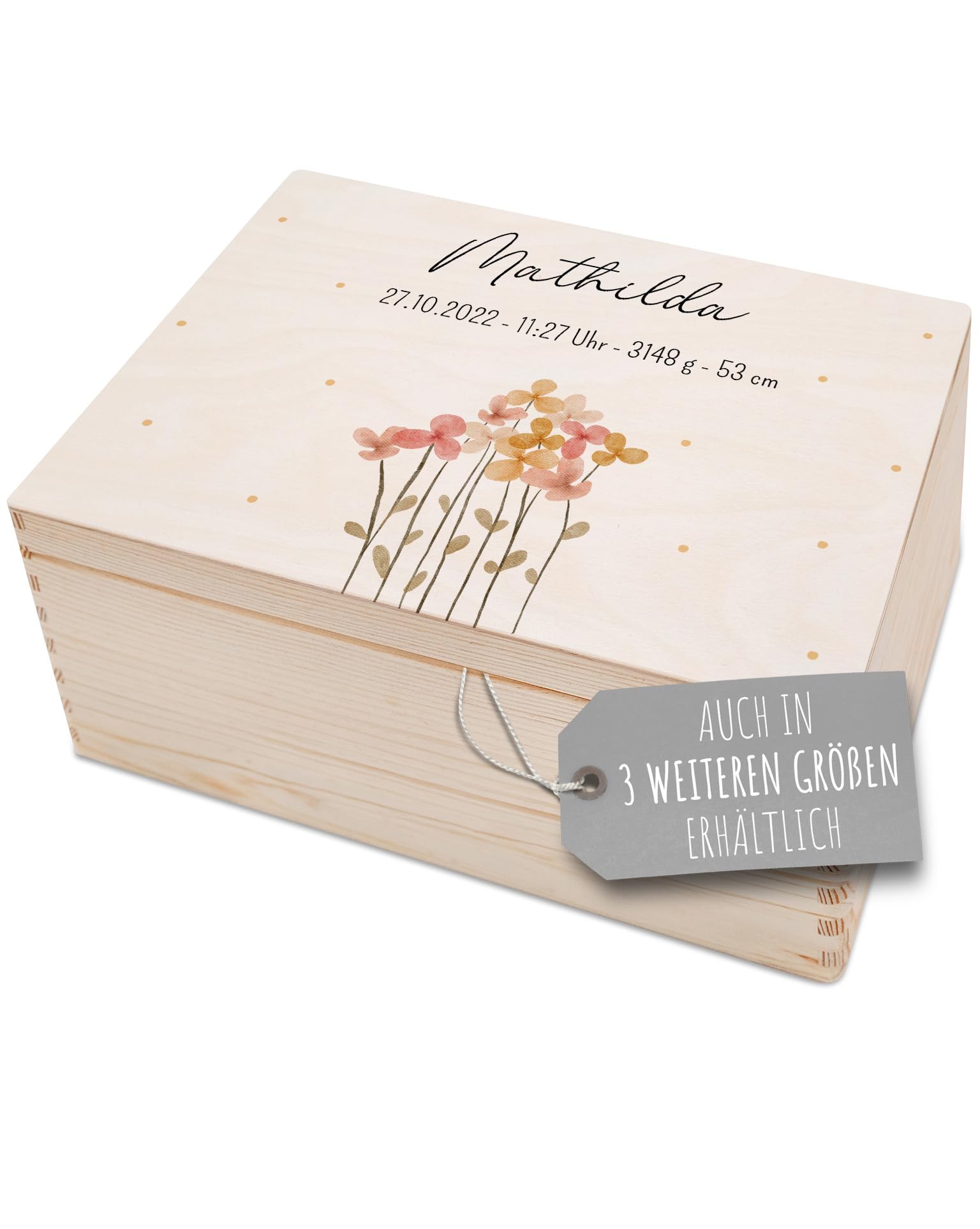 Bärenfreunde - TOP Personalisierte Erinnerungsbox Baby - Individuelle Babies Erstausstattung - Erinnerungskiste aus Holz - Geschenk zur Geburt als Taufgeschenk, Blumen Punkte