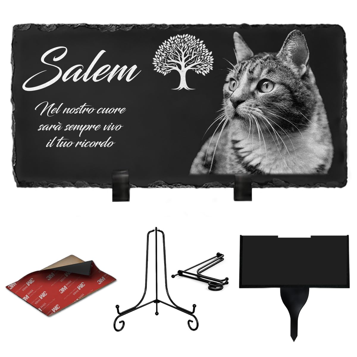 ETERNEL - Targa funeraria personalizzata Albero della vita per Animali - da piantare, incollare o posare, Cane, Animali domestici, Multisupporto, Ardesia o Granito, foto e testo a scelta, omaggio