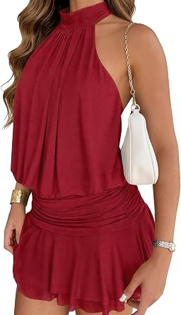 Wenrine Womens Mesh Halter Mini Dress Summer Tie Open Back Going Out Dress