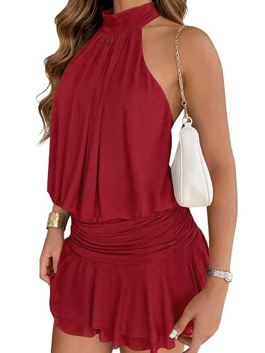 Wenrine Womens Mesh Halter Mini Dresses Summer Sleeveless Tie Open Back Ruched Waist Tiered Ruffle Going Out Club Dress