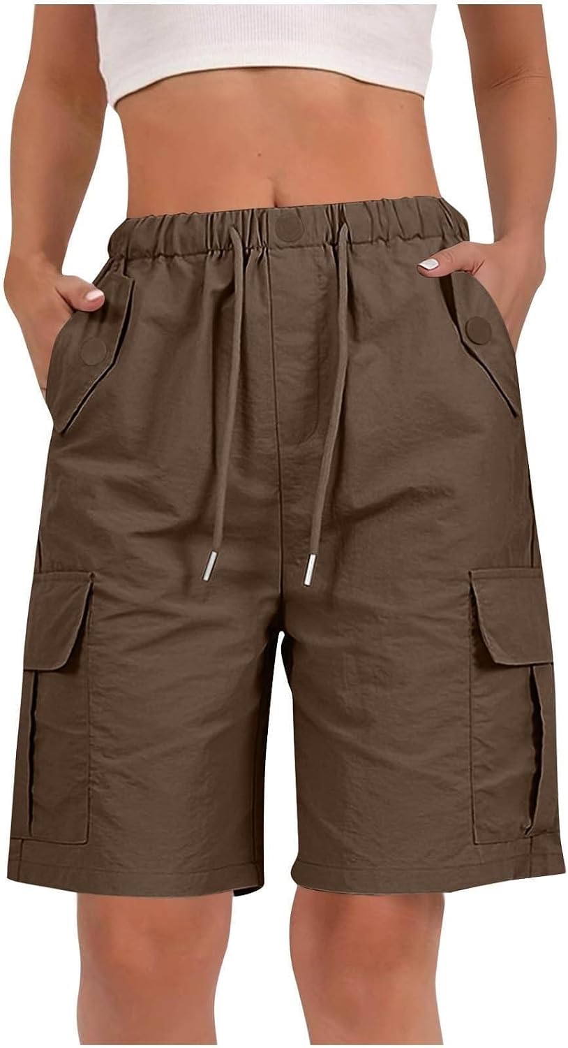Womens Cargo Bermuda Shorts – Knee Length Utility Shorts with Pockets | Sturdy cotton blend offers lasting durability. Classic knee-length cut provides modest coverage.