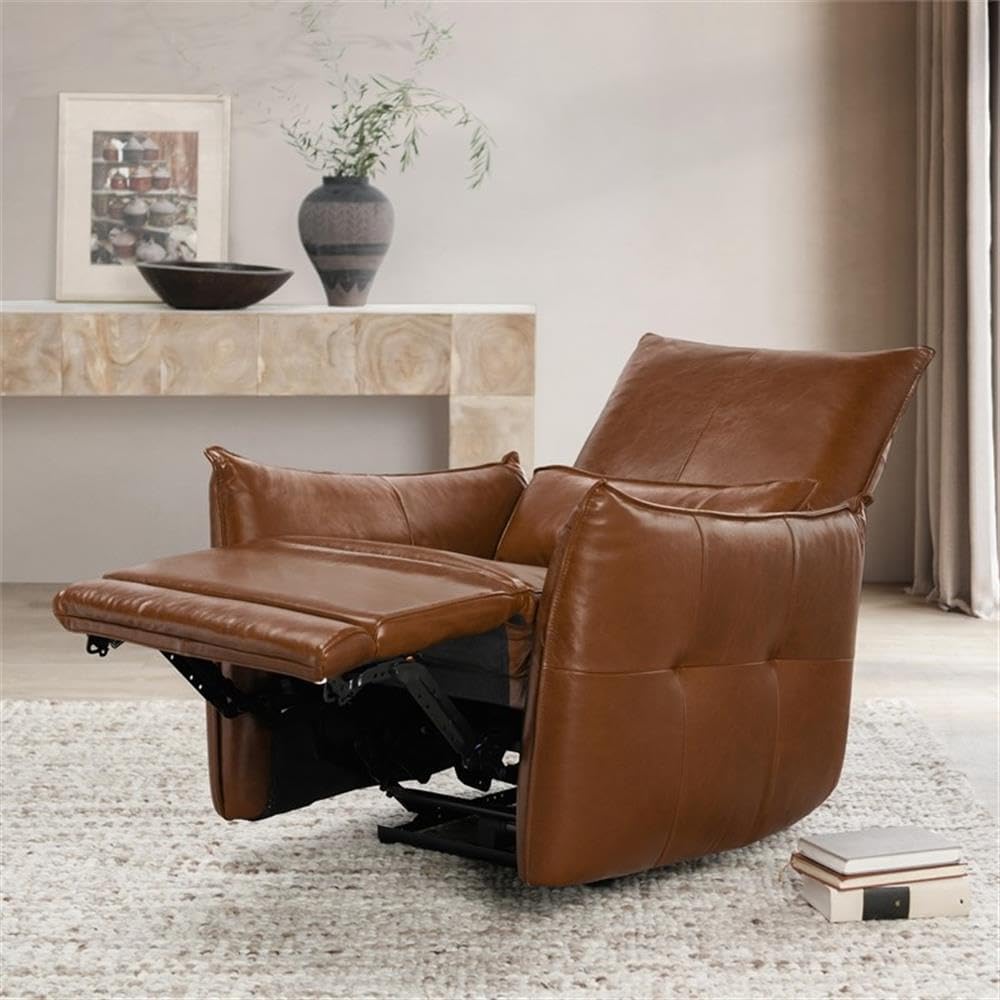 Pemberly Row Transitional Top Grain Leather Recliner Arm Chair, Brown Finish, Biscuit Tufted Arms, Power Motion, Compact 34Wx35Dx39H Dimensions, Living Room Seating with Premium Comfort