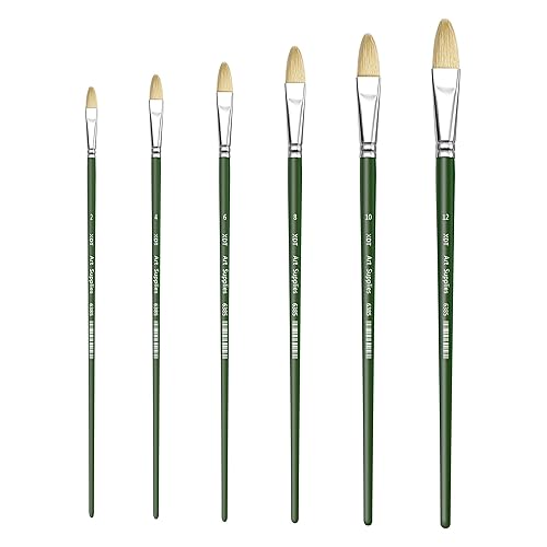 XDT#6385 Filbert Artist Paint Brush 6 Piece Set Medium Stiff Hog Bristle Extra Long Handle #2#4#6#8#10#12, Acrylic Oil Watercolor