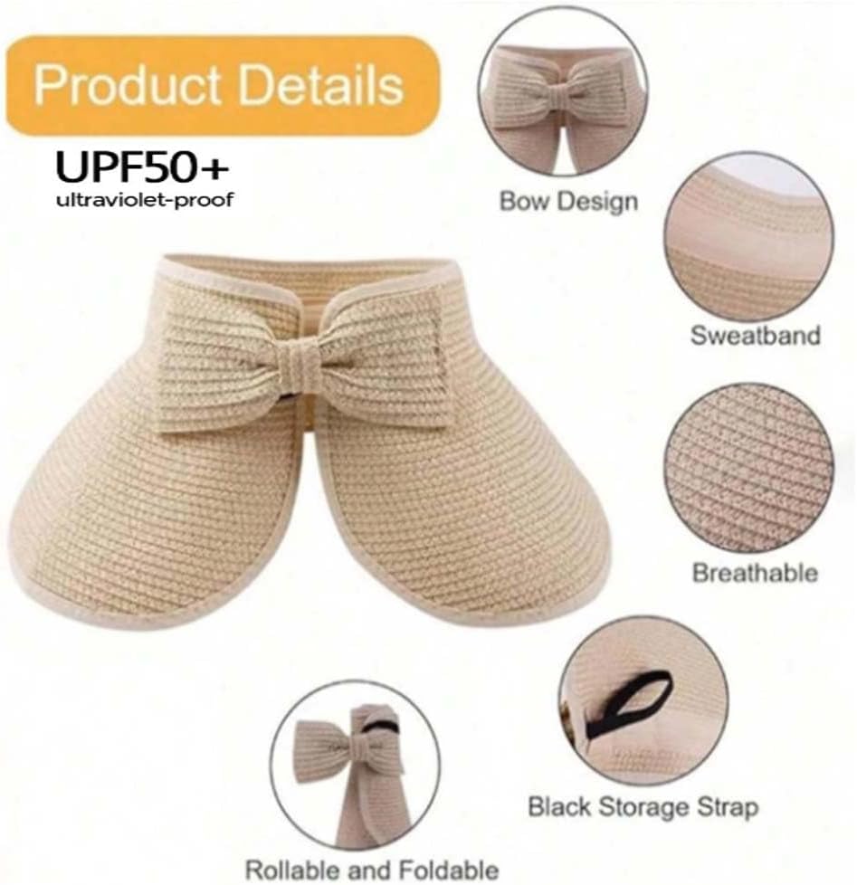 Sun Visor Hats for Women Wide Brim Straw Ponytail Summer Beach Hat UV UPF Packable Foldable Travel,Rolled Brim - Image 4
