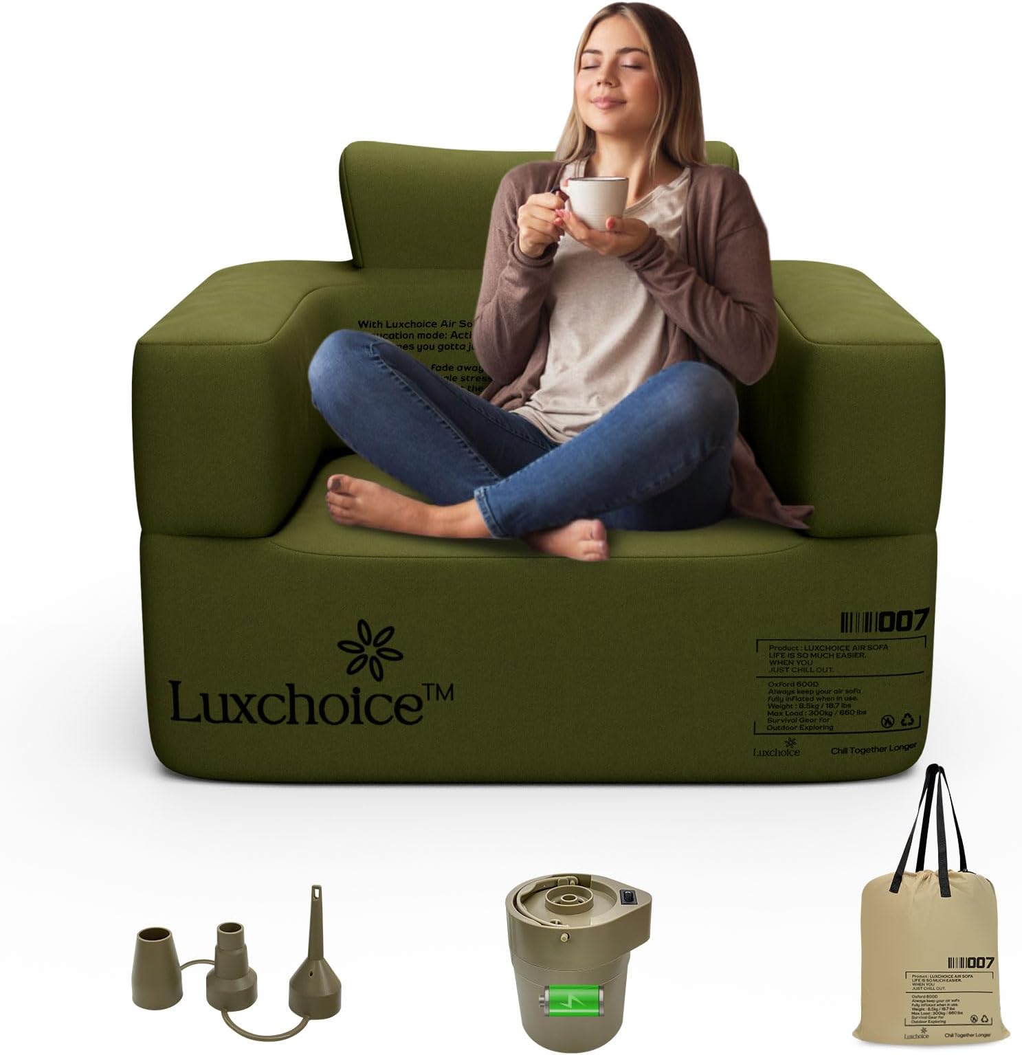 Luxchoice Inflatable Couch Premium Oxford Cloth Inflatable Sofa with Built-in Rechargeable Pump Portable Blow Up Couch for Camping Outdoor Travel Home Guests Backyard Patio