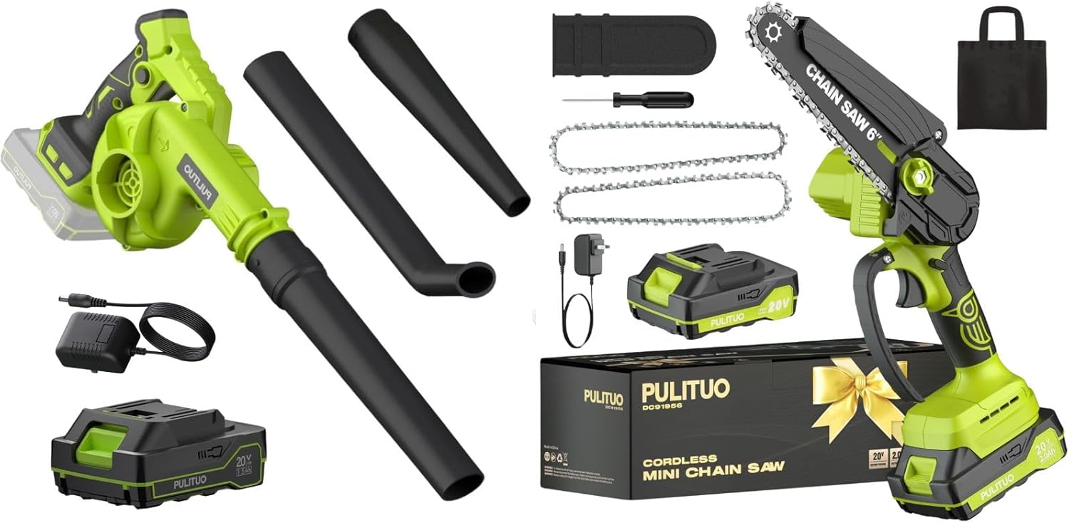 Pulituo 20V Leaf Blower Cordless with 6 Inch Mini Chainsaw Battery and Charger are Compatible for Both Machines