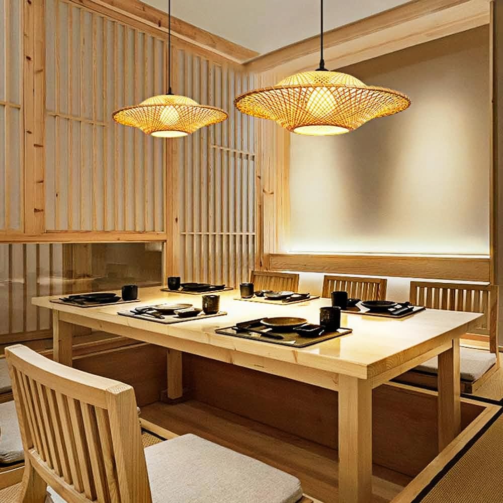 Plecione bambusowe zawieszki, inspirowane Chinami lampy wiszące do restauracji i restauracji, dekoracyjny żyrandol w stylu Wabi-Sabi do salonu, biura, hotelu, sklepu lub handlu