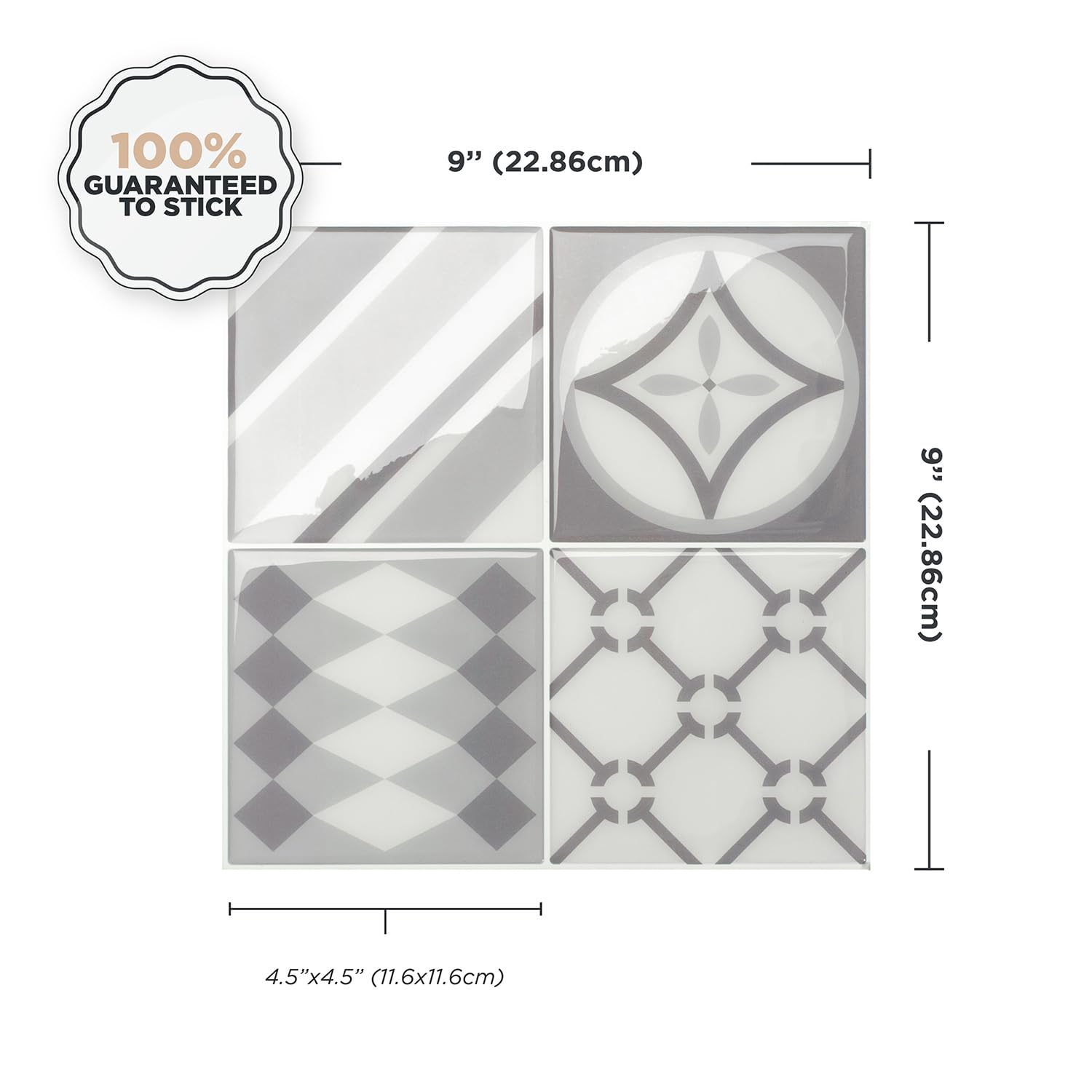 Smart Tiles Azulejos Adhesivos, Cuadrado Plata y Blanco, 22,86x22,86 cm | Pack de 5 (0,26 m²), Brillante, Resistente a calor/humedad, Bajo en COV, Cocina/Baño, Ideal para alquiler, Hecho en Canadá