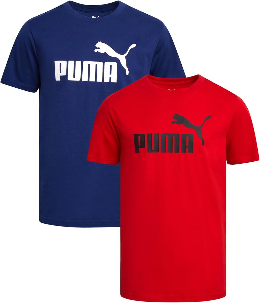 PUMA Paquete de 2 camisetas de manga corta con cuello redondo y logo básico para niños (tallas S-XL) | Mezcla de algodón suave y transpirable, ajuste cómodo de manga corta, ideal para correr, ir al gimnasio y usar ropa informal todos los días.