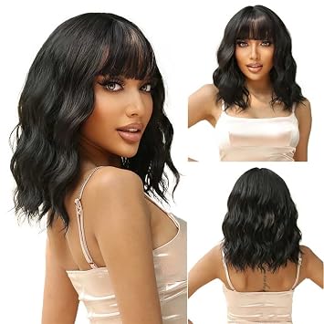 DOPI Bob Curly Wavy Bob Wigs with Bangs for Women [Include Weaving Cap] Synthetic Short Wig with Bangs Natural Looking Heat Resistant Fiber Hair for Women Black