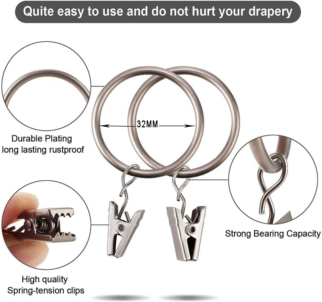 Gerhannery 30 Pack RingsCurtain Clips Strong Metal Decorative Drapery Window Curtain Ring with Clip Rustproof Vintage Compatible with up to 1 inch Drapery Rod Black (Silver)