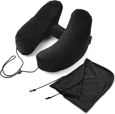 Roucerlin Inflatable Travel Pillow with Hood & Storage Bag, Soft Neck Pillows for Traveling, Support Head Airplane Pillow, Blow up Travel Neck Pillow for Plane Car Sleeping (Black)