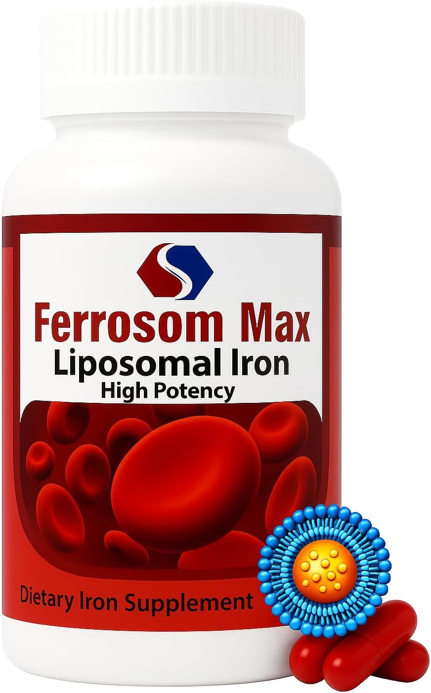 Max Liposomal Iron Supplement 60 Capsules (45mg Pure Elemental Iron) by Siba Pharm | Maximum Absorption Formula | Non GMO, Vegan, Premium Quality | Helps New Blood Cell Production.