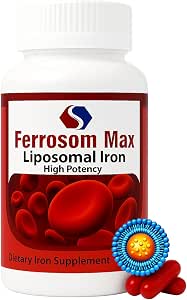 Max Liposomal Iron Supplement 60 Capsules (45mg Pure Elemental Iron) by Siba Pharm | Maximum Absorption Formula | Non GMO, Vegan, Premium Quality | Helps New Blood Cell Production.