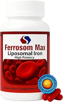 Max Liposomal Iron Supplement 60 Capsules 45mg Pure Elemental Iron by Siba Pharm | Maximum Absorption Formula | Non GMO, Vegan, Premium Quality | Helps New Blood Cell Production.