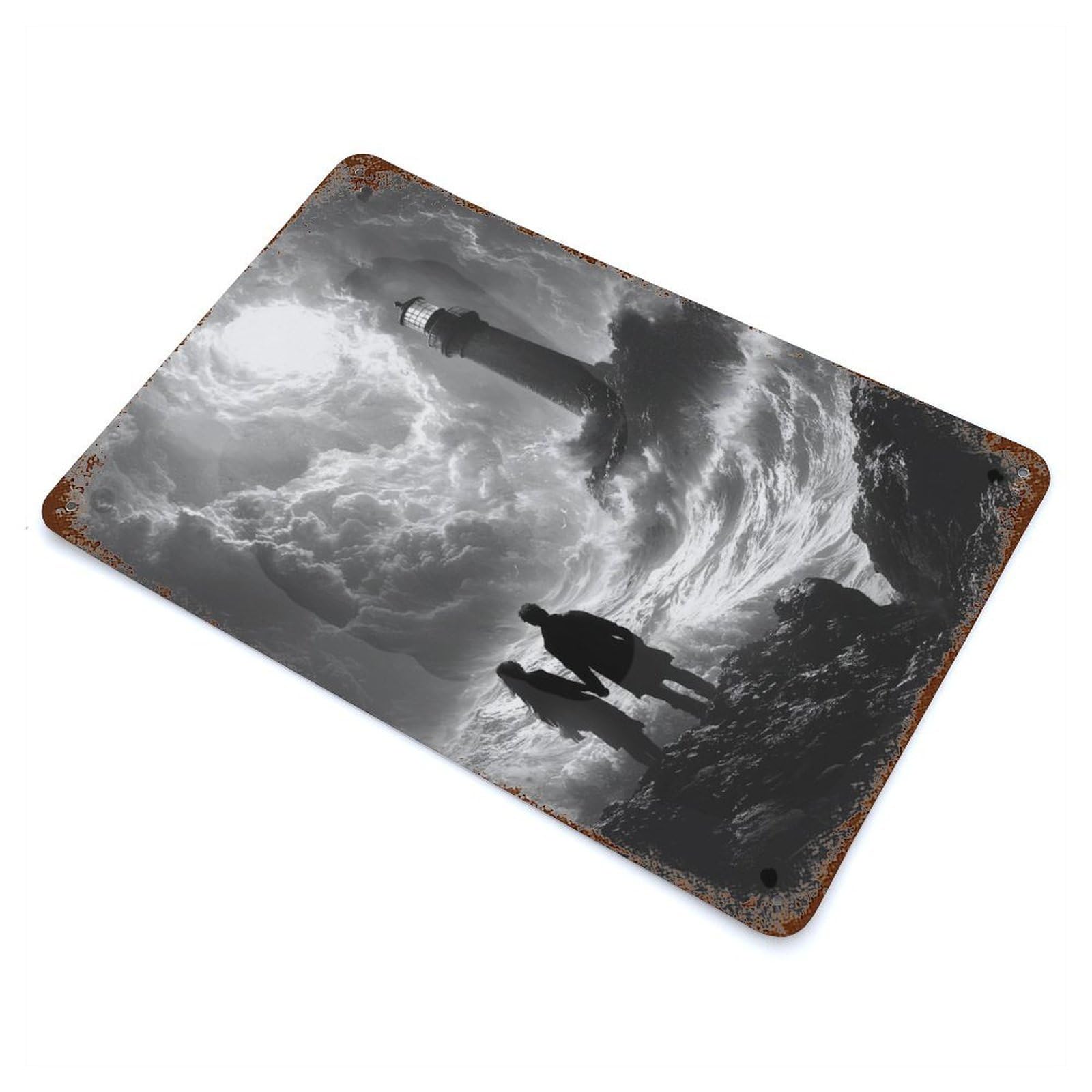 Romantic Stormy Shore with Lighthouse - Charcoal Art Vintage Wall Sign 11.8"x7.9", Rust Effect Metal Decor for Living Room, Hallway And Home Decor