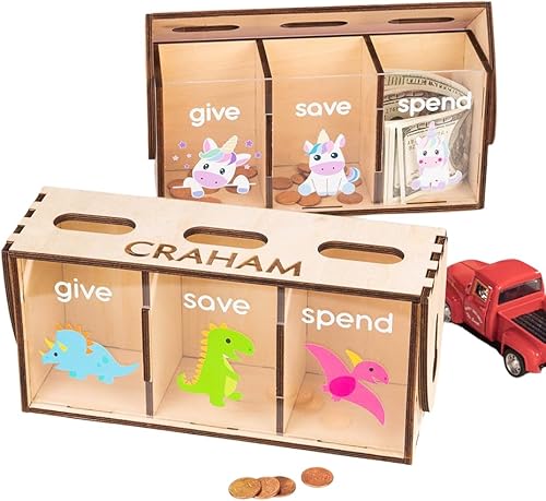 Give Save Gastar Kids Teach Money Bank Nombre personalizado con dinosaurios o unicornio Banco de enseñanza para niños Caja de ahorros personalizada