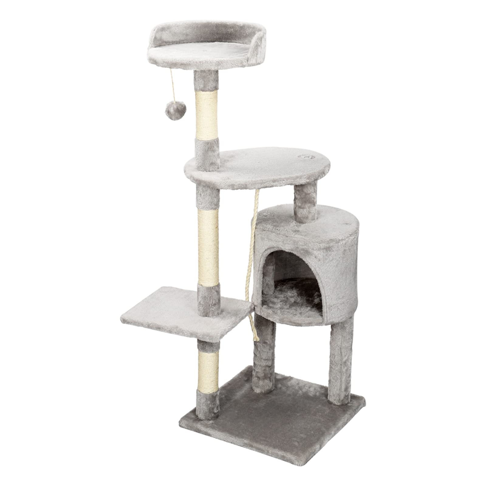 Tiragraffi per Gatti Albero per gatti alto 112 cm con corda in sisal, piattaforma, Grotta e Pompon in peluche per far riposare e giocare i gatti, grigio Inventario in Germania