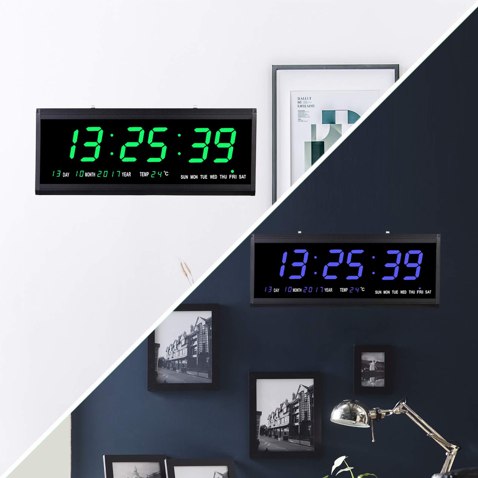 Orologio digitale a LED, telaio in plastica, con calendario alimentato a rete, orologio da parete con numeri grandi, cucina, ufficio (temperatura del calendario settimanale) (blu)