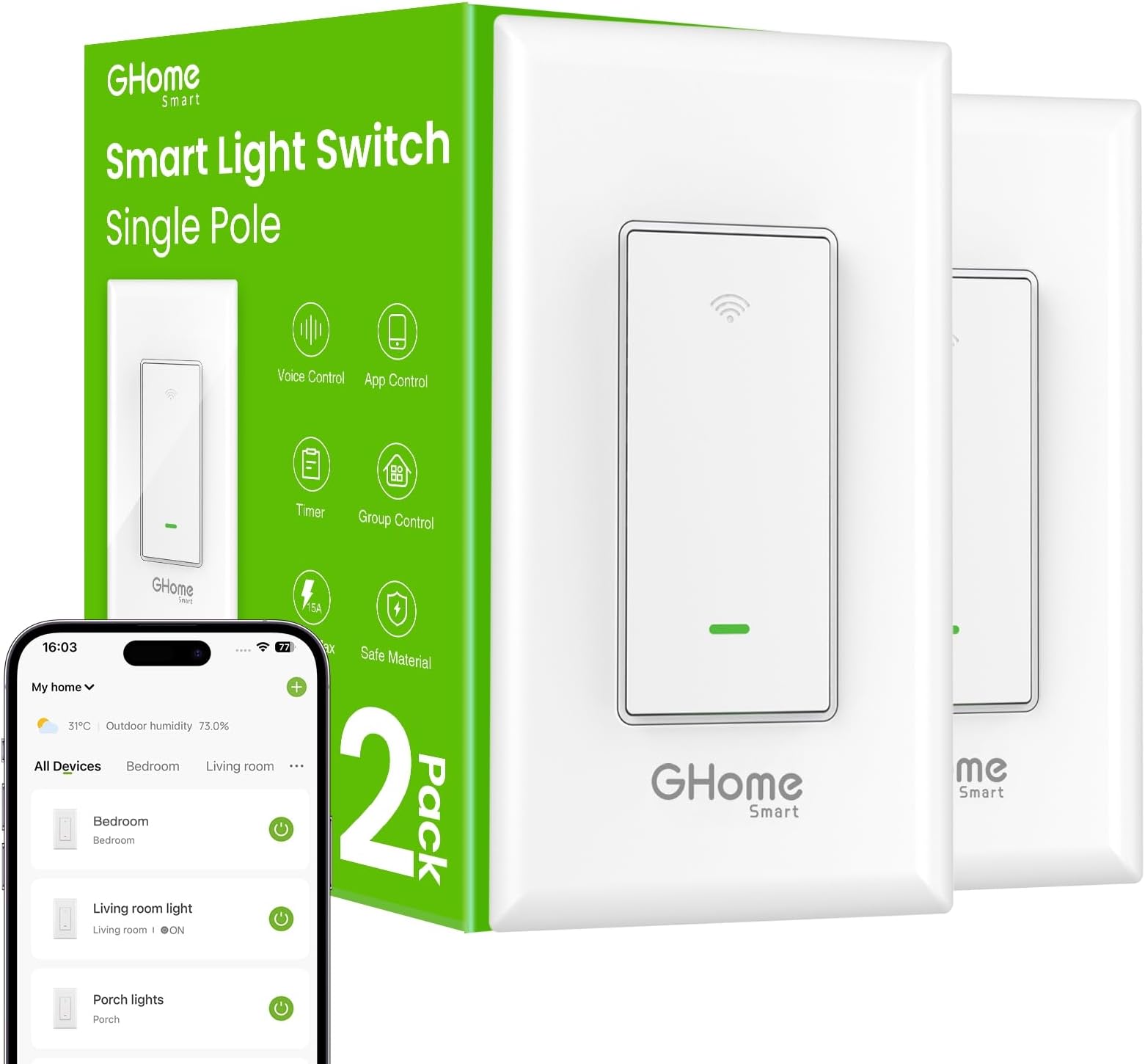 GHome Smart Switches for Lights, WiFi Smart Light Switch Works with Alexa and Google Home, Single-Pole, Neutral Wire Required, 2.4Ghz WiFi Light Switch with APP Control, No Hub Required, UL FCC Listed