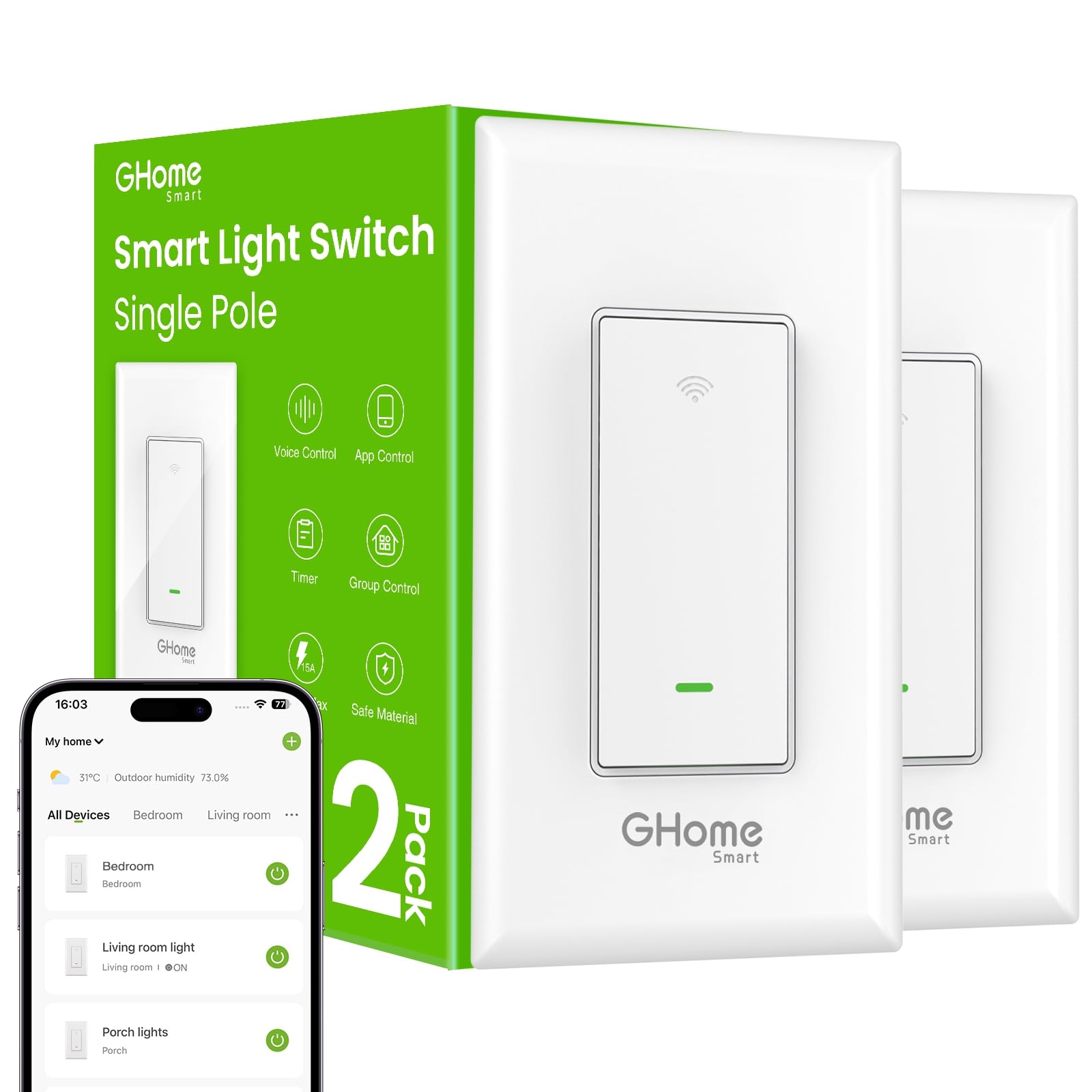 GHome Smart Switch, 2.4Ghz Wi-Fi Switch Compatible with Alexa, Google Assistant Single-Pole,Neutral Wire Required,UL Certified,Remote/Voice Control and Schedule, No Hub Required, (2 Pack)-image-13