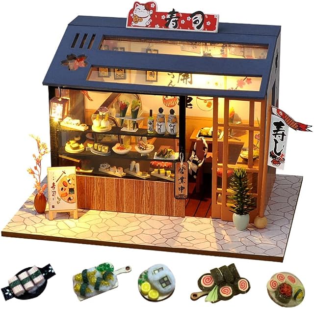Japanese-Style Food and Play Shop Serise Dollhouse Miniature with Furniture, DIY Wooden Dollhouse Kit Creative Room with LED Light (Sakura Sushi)