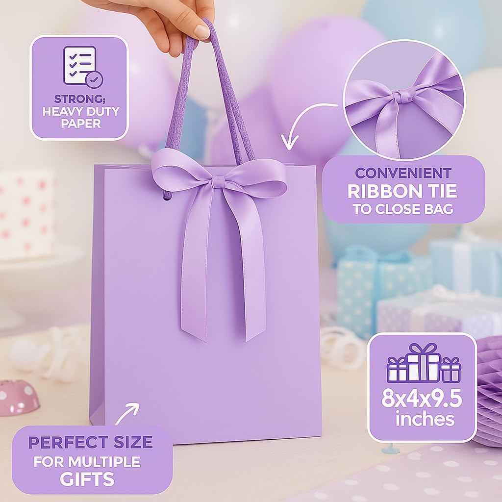GloPack&Mail Purple Gift Bags with Ribbon – 12 Pack Lavender Paper Gift Bags, Reusable Heavy-Duty Party Favor Bags for Birthdays, Weddings, Baby Showers, Holidays, and Thank You Gifts (Lavender, 8x4x9.5)