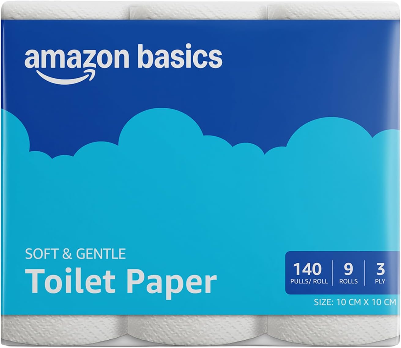 Amazon brand- Amazon Basics 3 ply Toilet tissue Paper Roll 1260 pulls | 140 pulls x 9 Rolls| Soft & Gentle| Chemical-Free