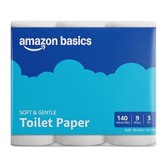 Amazon brand- Amazon Basics 3 ply Toilet tissue Paper Roll 1260 pulls | 140 pulls x 9 Rolls| Soft & Gentle| Chemical-Free