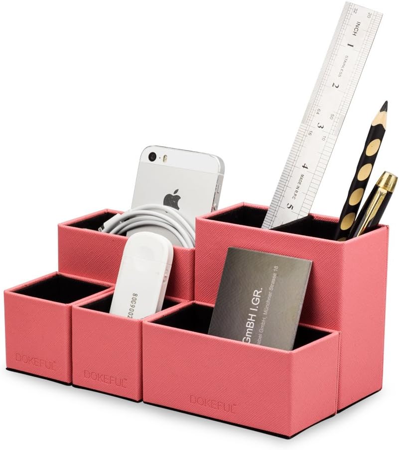 DOKEFUL Desk Organizer Desktop Office Supplies DIY Storage Box Desktop Accessories Caddy Multifunctional PU Leather Compartments Card/Pen/Pencil/Mobile Phone/Remote Control Holder (Pink)