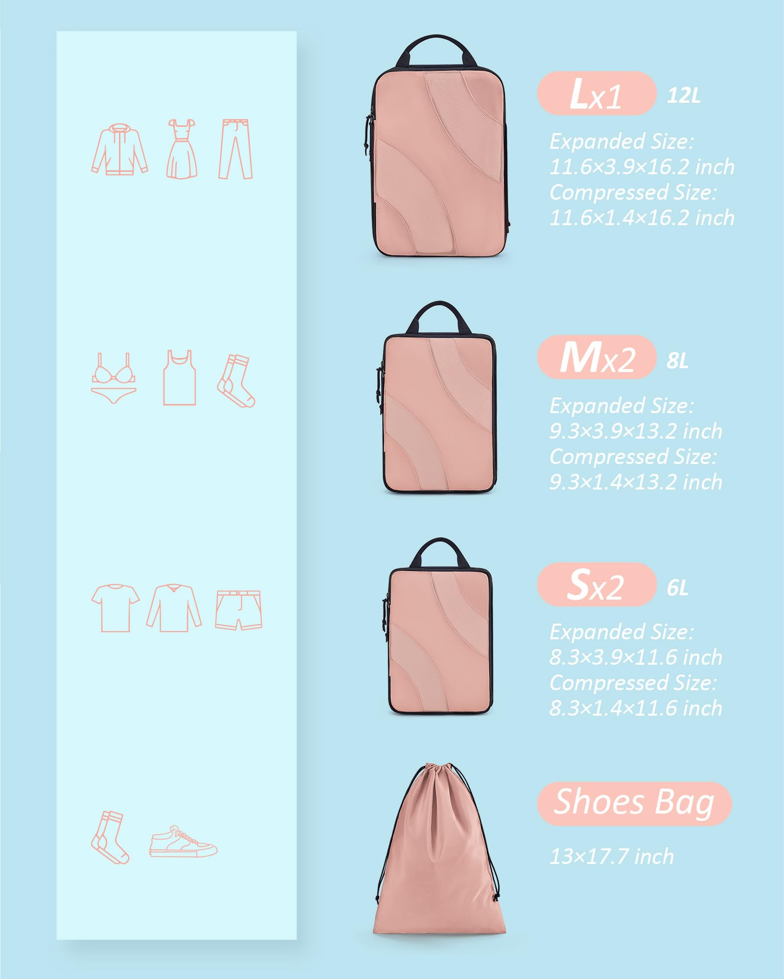 BAGSMART Kompressions-Verpackungswürfel, 6 Set/4/Set/2er-Set, Reisepackwürfel für Handgepäck, Kompressionskoffer-Organizer, Taschenset und Reisewürfel für Gepäck, leichte Pack-Organizer, 06-Dusty Pink
