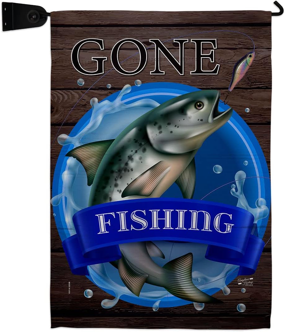 Gone Fishing Garden Flag Set Wall Holder Sports Outdoor Camping Fish Dock Lure Entertainment Activity Physical Small Decorative Gift Yard House Banner Double-Sided Made In USA 13 X 18.5