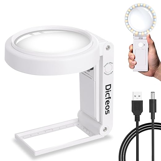 Dicfeos 30X 40X Magnifying Glass with Light and Stand, Folding Design 18 LED Illuminated Magnifying Glass for Close Work, Large Magnifying Glasses for Reading, Powered by Battery or USB(White)