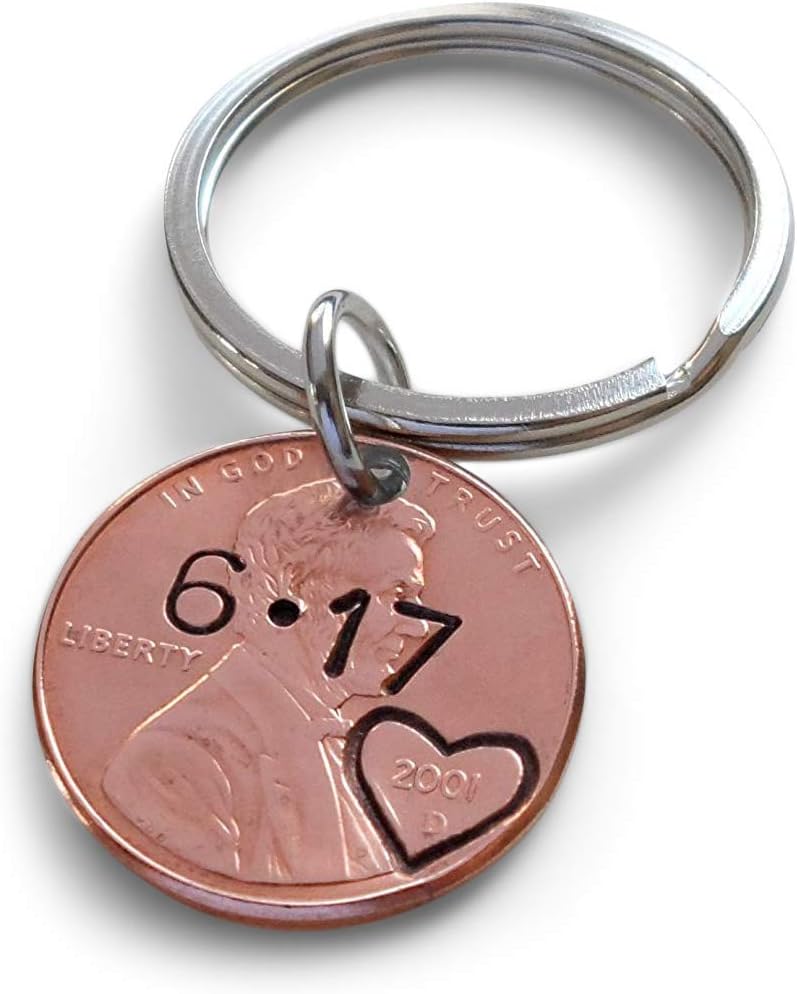 Custom Hand Stamped Personalized Penny Keychain Initials With Heart Around Year & Other Options, Anniversary Gift, Husband Wife Key Chain, Boyfriend Girlfriend Gift, Customized Couples Keychain
