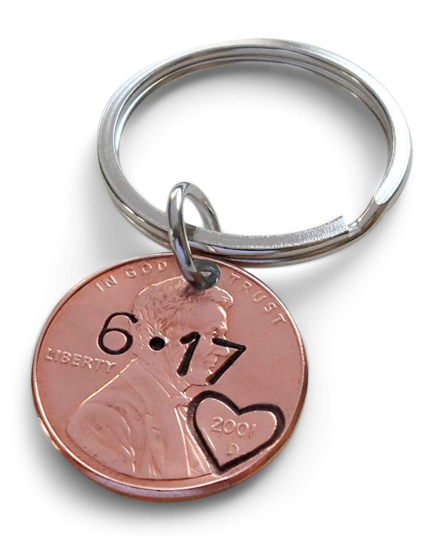 Custom Hand Stamped Personalized Penny Keychain Initials With Heart Around Year & Other Options, Anniversary Gift, Husband Wife Key Chain, Boyfriend Girlfriend Gift, Customized Couples Keychain