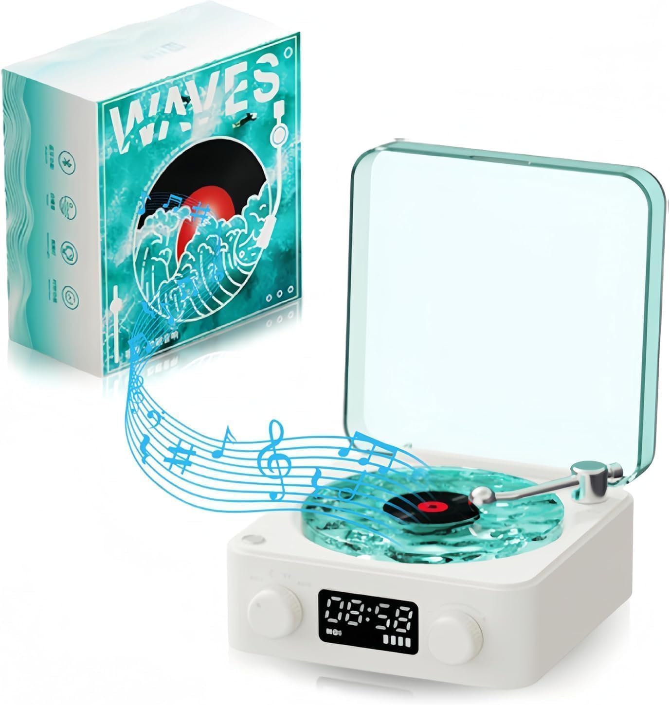 SHIKSELL Retro-Style Wireless Waves Vinyl Bluetooth Speaker, Aqua Vinyl Speaker, The Waves Vinyl Player with Ambience Light and Clock for Bedroom, Off...
