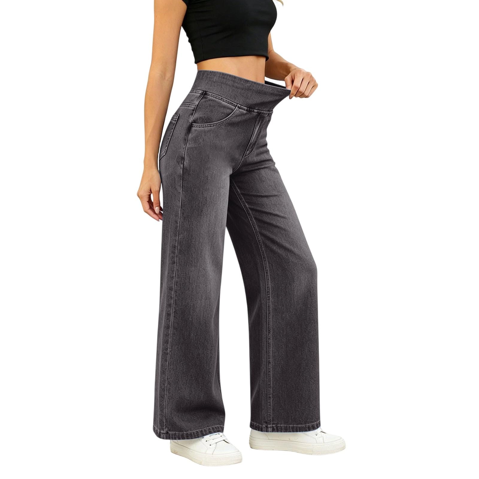 Generisch Jeans da donna a gamba larga, colore blu scuro, a vita alta, dritti, con tasche, pantaloni in denim larghi da infilare, leggeri, comodi, Y2K, elasticizzati